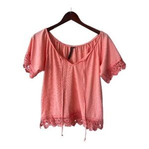 Ashley Blue Short Sleeve Coral Lace Trim Blouse Size XL Women NWT